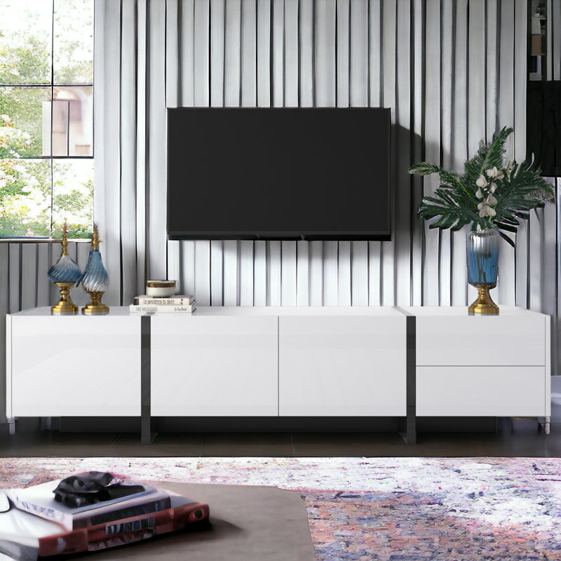 Modern High-gloss Tv Cabinet - Media Unit With Storage, White, 190cm W x 45cm Hx35cm D