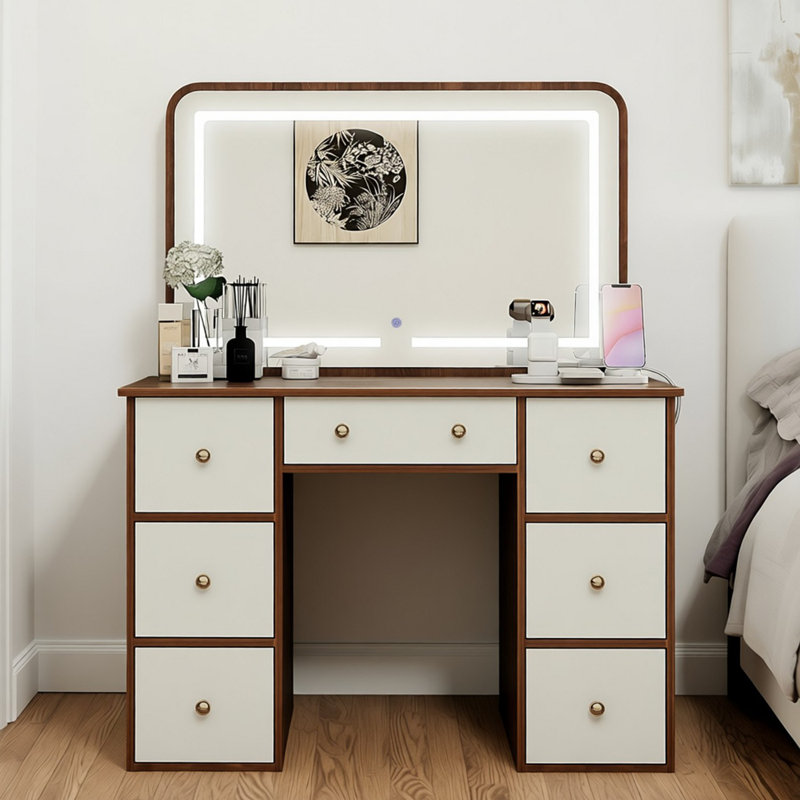 Naruin Makeup Vanity Desk With LED Mirror & Built-in Outlets