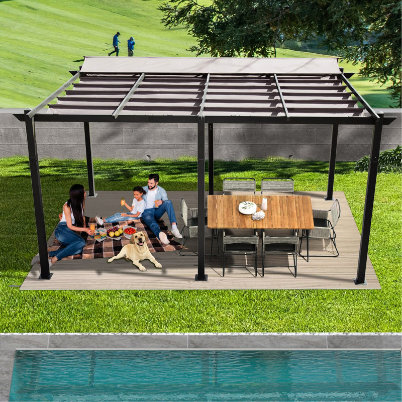 Pergola de détente avec abri de piscine 11 pi x 16 pi gris foncé Structure robuste en aluminium, tissu, réglable pour un centre de rassemblement de cour en aluminium, activités de groupe