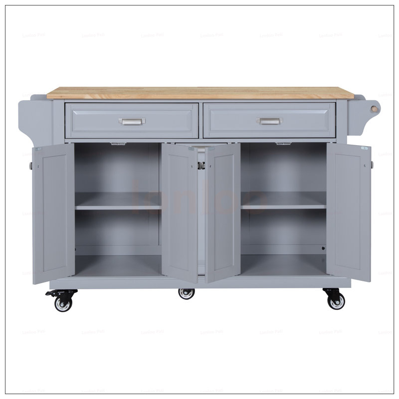 Durable Kitchen Island With Rubberwood Countertop, Spacious Storage, And 5-Wheel Mobility For Enhanced Cooking Convenience