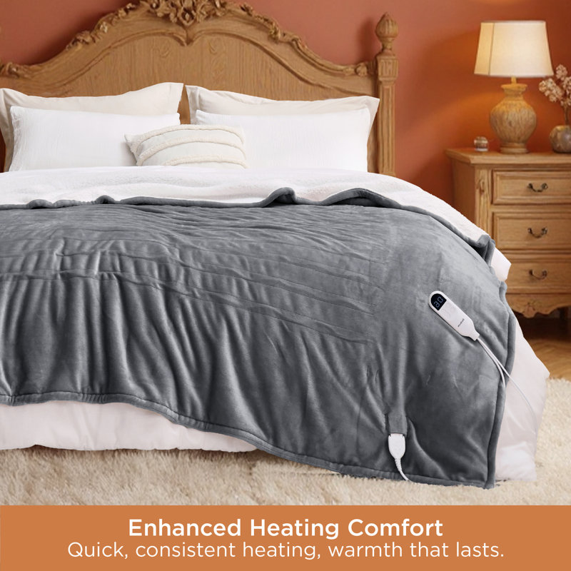 Winter Heated Blanket, Soft Flannel Electric Blanket with 4 Time Settings, 6 Heating Settings, Throw, Classic Grey