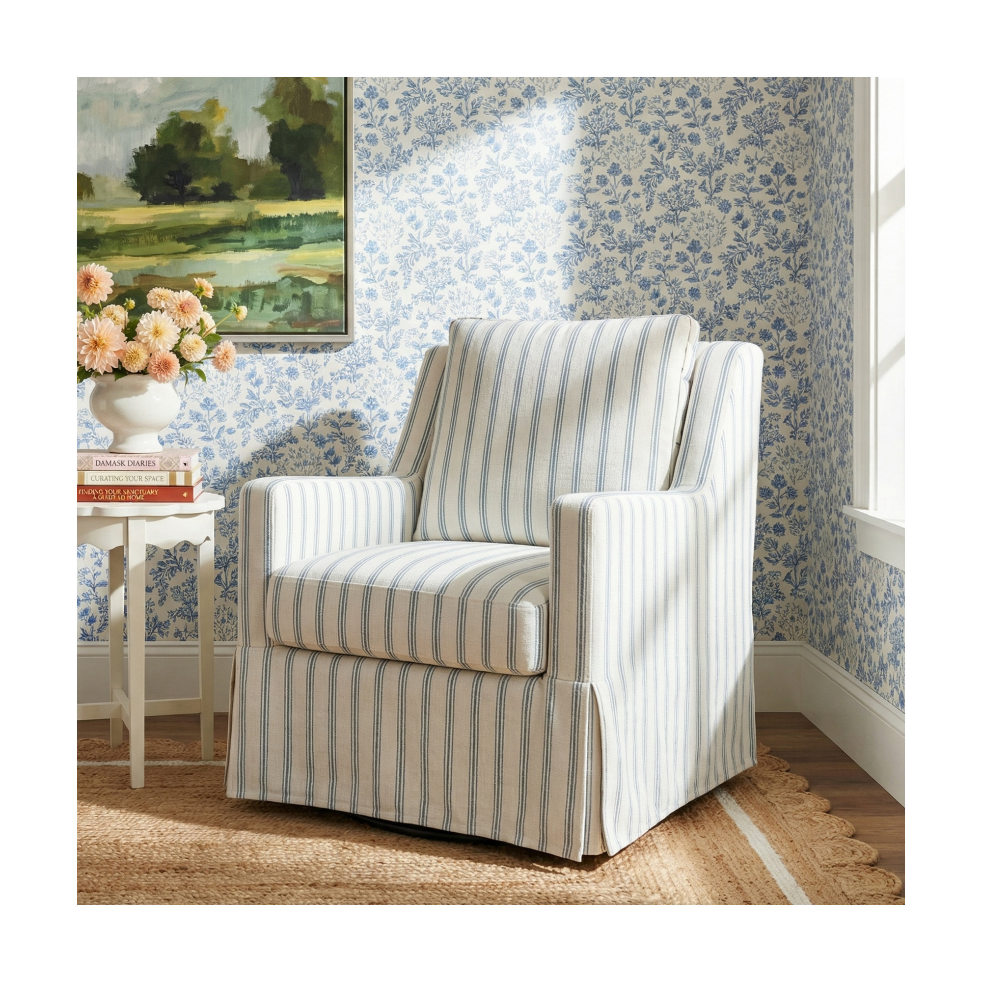 Minni Farmhouse Swivel Rocking Chair, Blue Striped