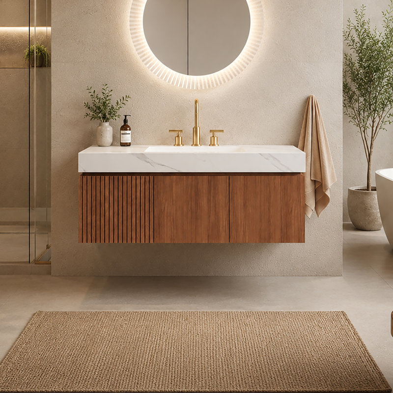 Ensemble de meuble-lavabo flottant moderne avec lavabo 48 po Alba, Chêne brun, Blanc de Carrare