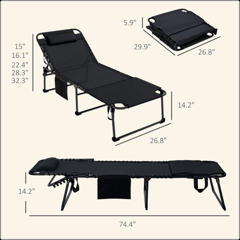 2 Piece Folding Chaise Lounge With 5-Level Reclining Back, Outdoor Tanning Chair With Reading Face Hole, Outdoor Lounge Chair With Side Pocket & Headrest For Beach, Yard, Patio