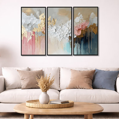 White And Gold Brushstroke Abstract Painting III - Abstract Collages Wall Art Living Room Set