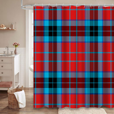 Christmas New Year Tartan Plaid Black Red Blue Shower Curtain with 12 Hooks