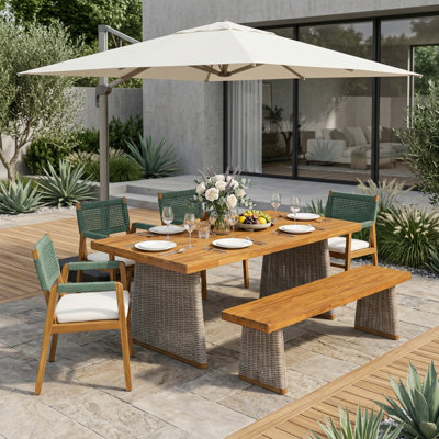 Brendalyn Outdoor 6-Person Acacia Wood Dining Set With Wicker Accents & Cushions