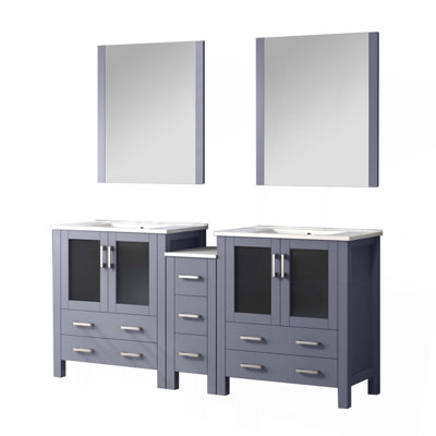 Meuble-lavabo double avec armoire latérale, comptoir en céramique blanche et miroirs