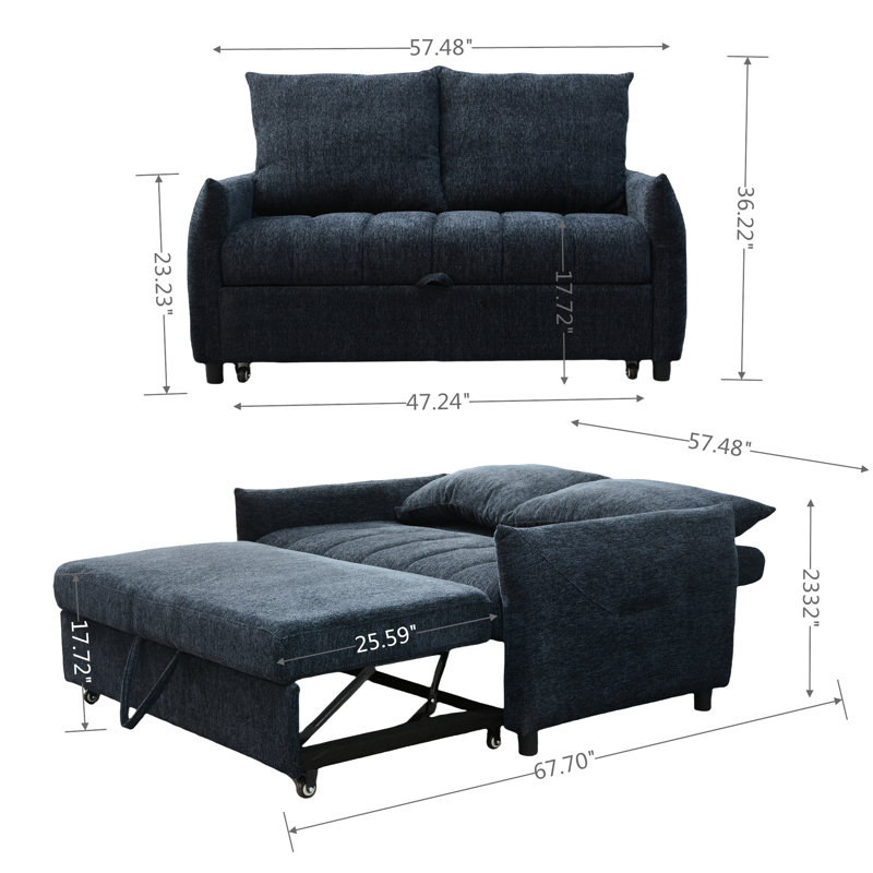 Futon de salon moderne avec revêtement bleu marine et dossier réglable, espace de rangement