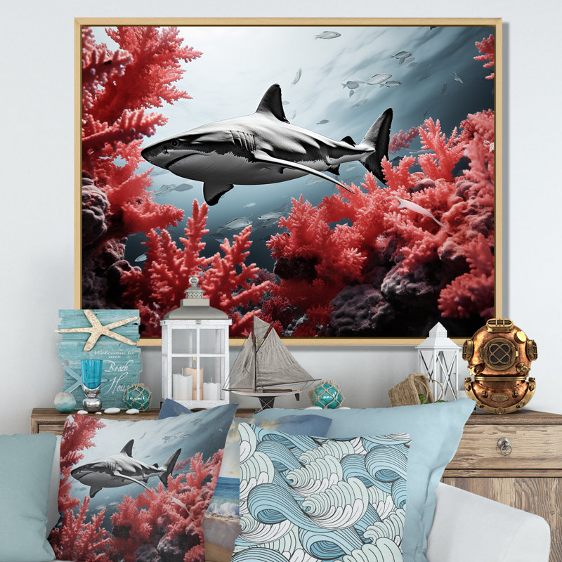 Danse du requin monochrome gris et rouge sur toile, H 30 po x l 40 po x P 1,5 po, Cadre naturel flottant
