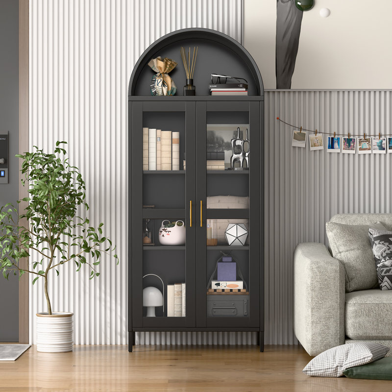 Metal Arched Cabinet With Glass Doors, Freestanding Display Cabinet With Adjustable Shelves, Modern Arched Bookshelf For Office,kitchen, Pantry, Dining Room, Assembly Required