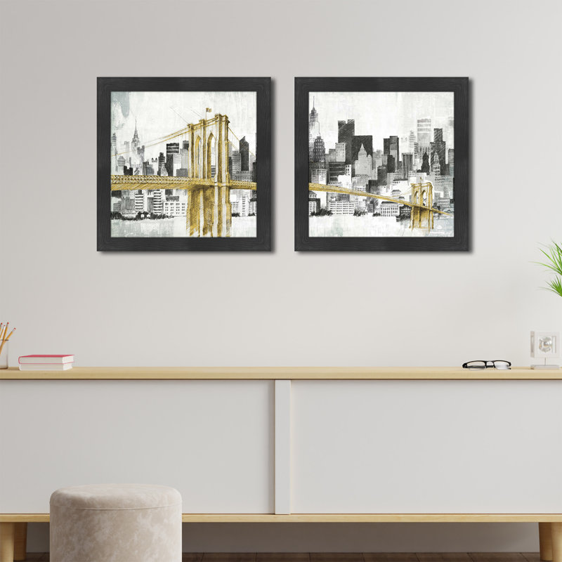 New York Skyline I Bridge - ensemble de 2 peintures encadrées