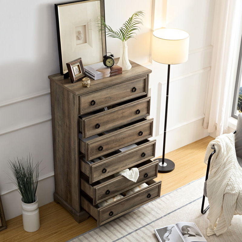 Commode 6 tiroirs pour chambre à coucher - coulissant en douceur, surmatelas, 6 grands espaces gris délavé, peinture brillante,