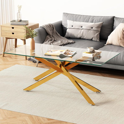 Table basse de 39,37 po rectangulaire en verre trempé transparent, design élégant avec pieds en métal noir, table basse de salon