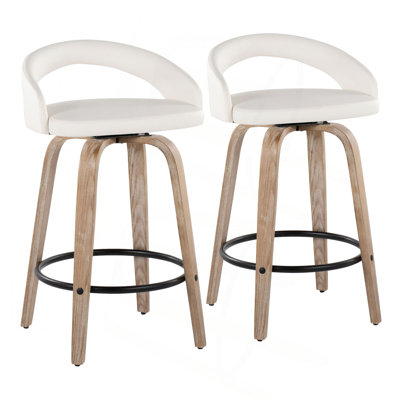 Tabouret de comptoir à hauteur fixe avec pivot en bois et similicuir blanc avec repose-pieds rond en métal noir - ensemble de 2