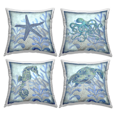 Blue Detailed Sea Life Underwater 4 Piece Outdoor Printed Pillow Set by Erica Christopher