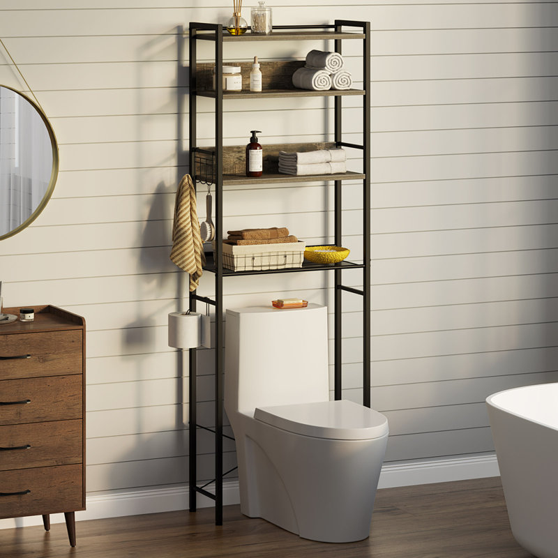 Calirose 23.6" W x 68 "H x 9.4" D Over The Toilet Storage with 4-tier shelf & 4 hooks, Gray/Black
