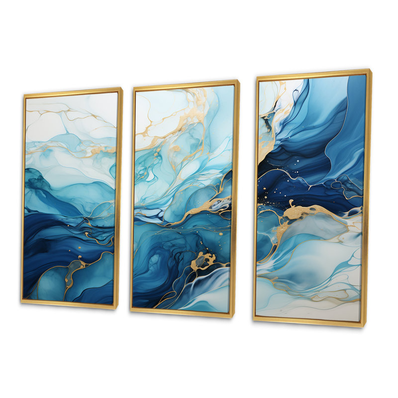 Liquide bleu et or tempête océanique - formes abstraites, ensemble d'art mural, Cadre flottant doré