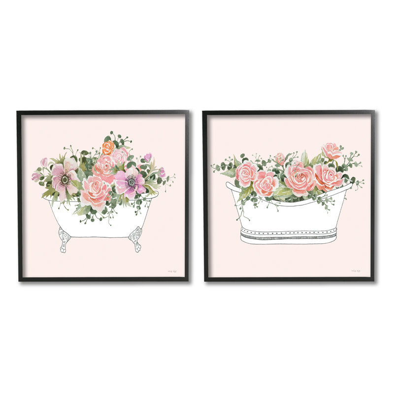 "Pink Floral Rose Blooms Bathaign Bathroom Botanicals" par - ensemble de 2 impressions sur toile flottante