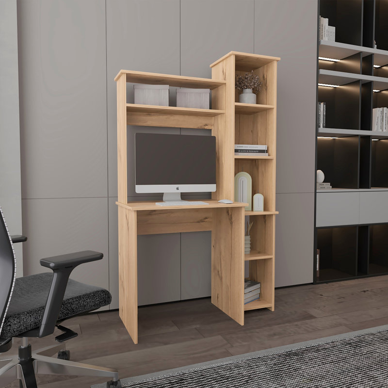 Bureau d'écriture à 6 tablettes avec bibliothèque intégrée (bureau), Chêne clair