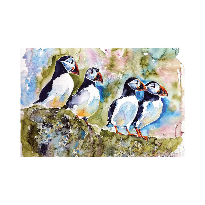 «Puffins on Stone» par Anna Brigitta Kovacs, reproduction d'art sur toile tendue, H 12 po x l 18 po x 1,5 po