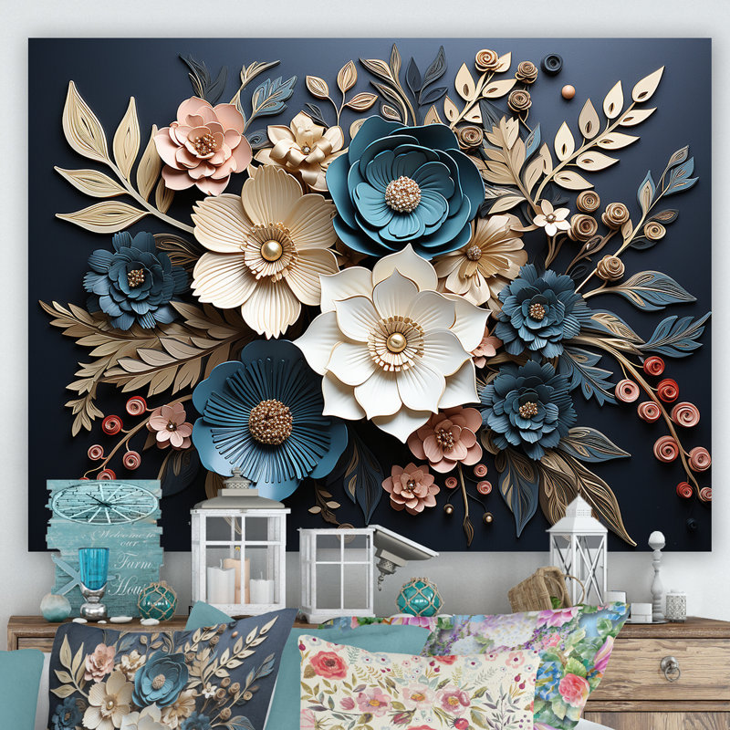 Bleu et or, charmantes fleurs printanières - art mural fleurs, Toile tendue, H 16 po x l 32 po x P 1 po