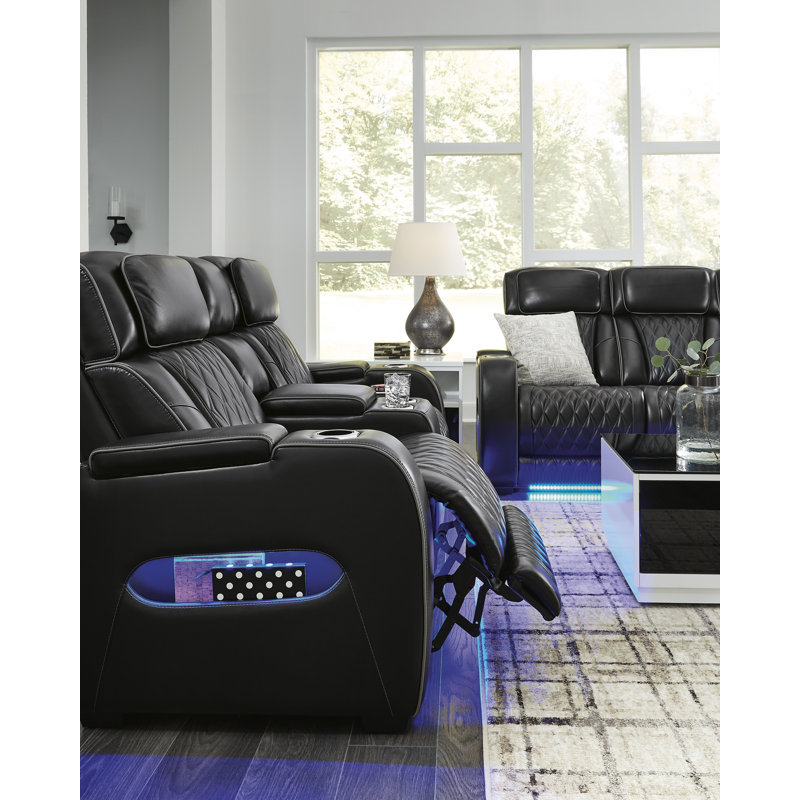 Black Leather Power Reclining Sofa with Cup Holder