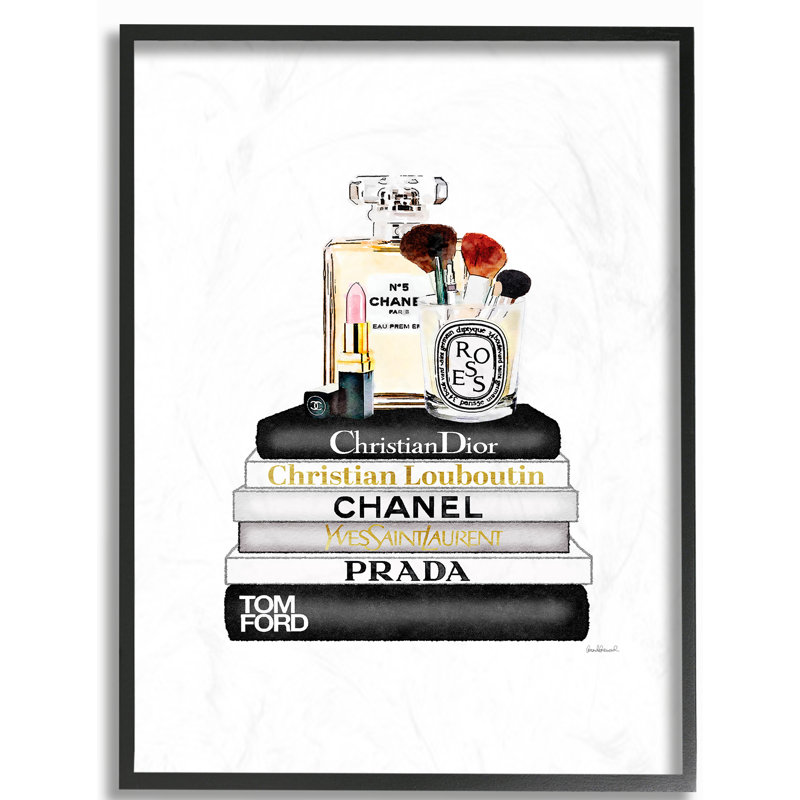 « bookstack with parfums and maquillage », reproduction, H 20 po x l 16 po x P 1,5 po, Giclée encadrée noir minuit