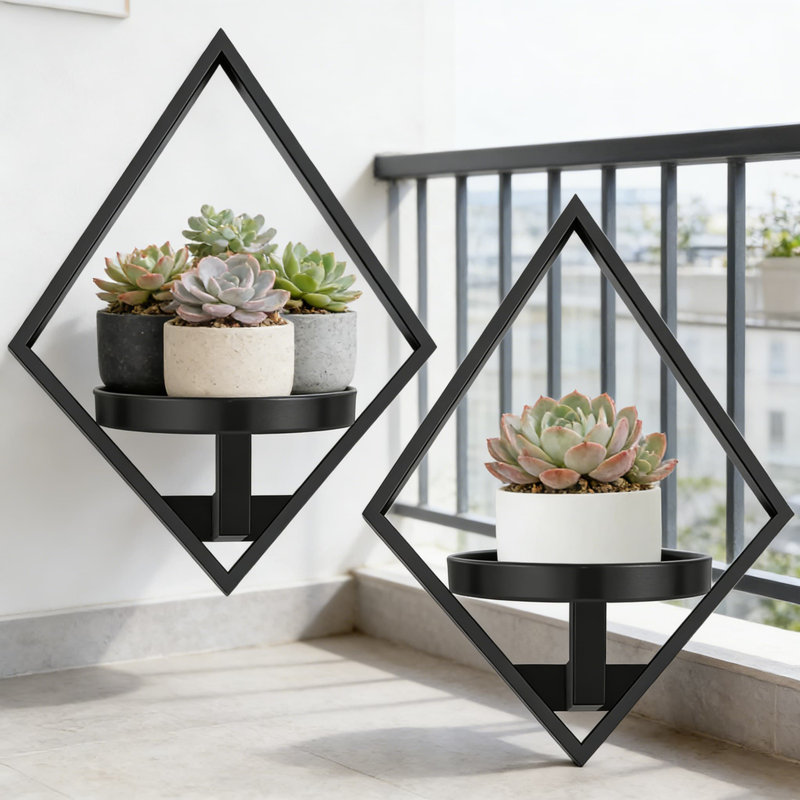 Tablette flottante en métal pour plantes, paquet de 2 pots de fleurs muraux d'intérieur avec cadre en diamant pour plantes grasses, plantes et décor, économiseur d'espace