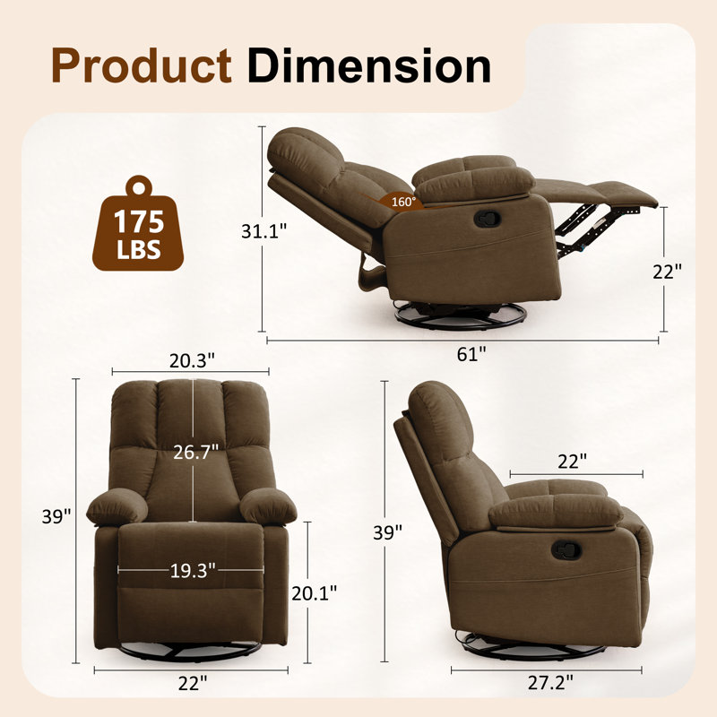 Recliner Chair， 360° Swivel Reclining Chair For Living Room, Small Manual Recliner For Small Space, Brown