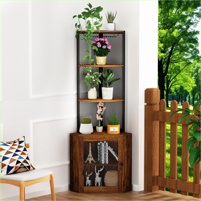 Cabinets | 65" Freestanding 6-Tier Corner Storage Cabinet | with Charging Station &amp; Wine Glass Rack | Modern | Walnut Brown | Living Room