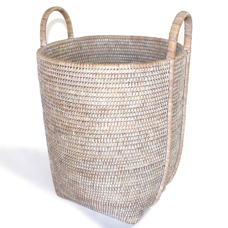 Hand Woven Wicker Laundry Basket with Handles, White Wash