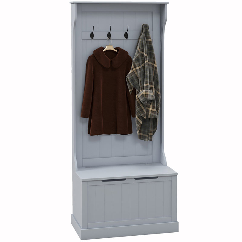 28" 3-In-1 Entryway Hall Tree with Storage Bench, Coat Rack with Four Hooks and Shoe Storage, Gray