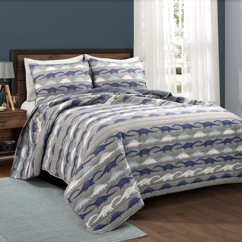 Navy and Gray Dinosaur Reversible Twin Microfiber Quilt Set