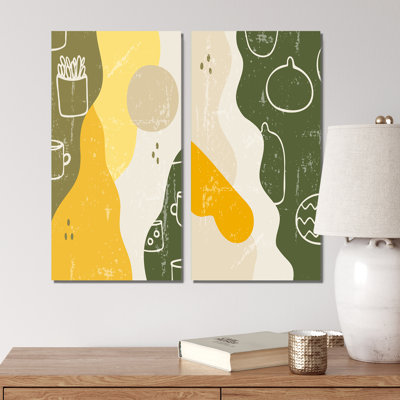 «Green Green Yellow and White Vintage Organic Shapes I», ensemble de 2 impressions