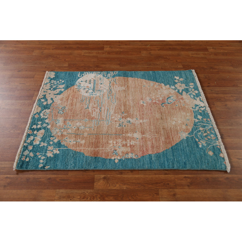 Tapis orange en laine noué à la main de conception unique 2 pi 11 po x 4 pi 0 po New Age