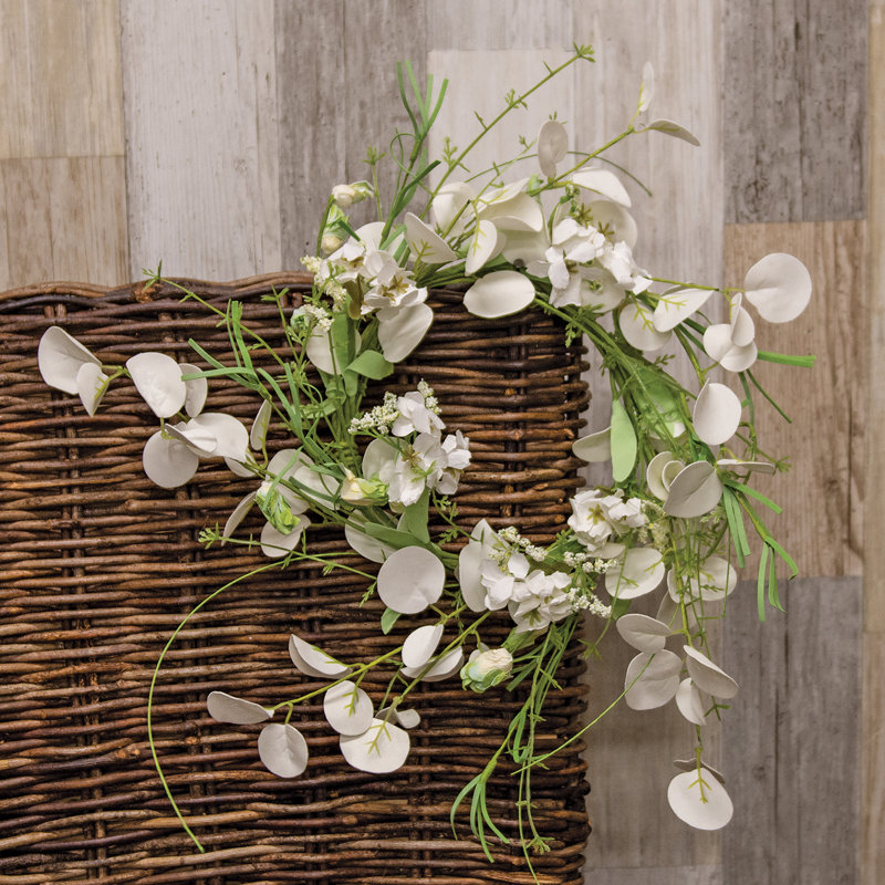 Fleurs blanches blanches et couronne de dollar vert, 14 po
