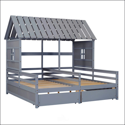 Twin Size House Platform Beds With Two Drawers For Boy And Girl Shared Beds