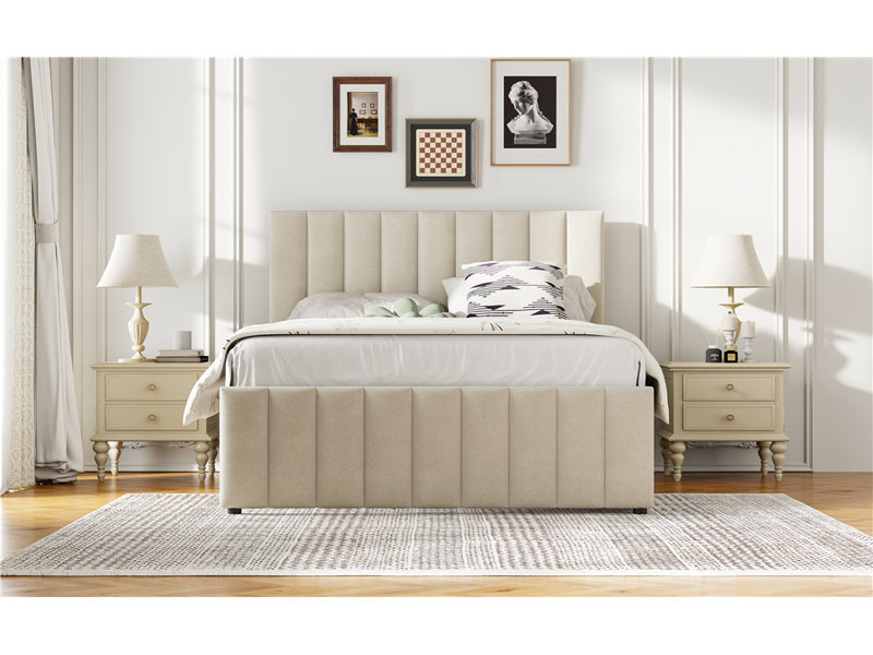 Lit plateforme tapissier avec gigogne et 3 tiroirs, Beige