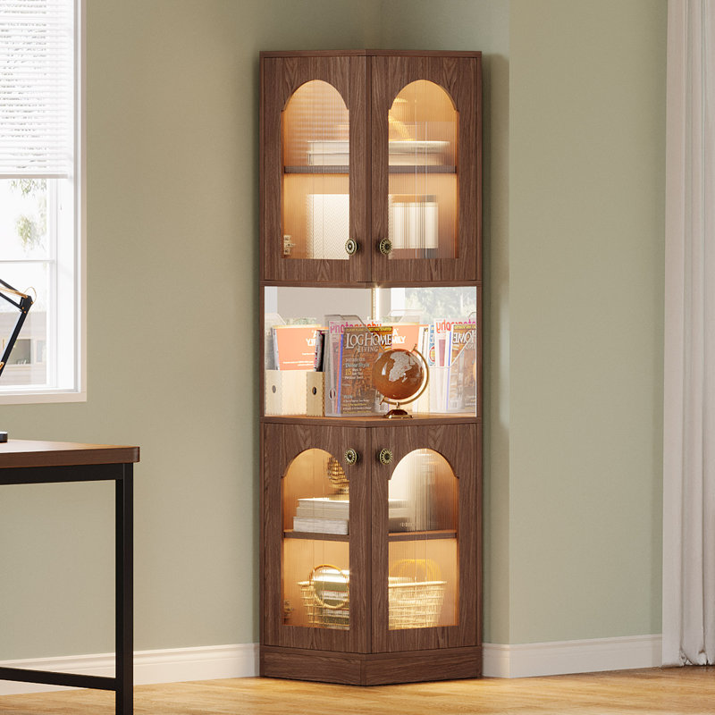 78” Rustic Corner Bookshelf Bookcase With Doors, Corner Display Cabinets With Led Light