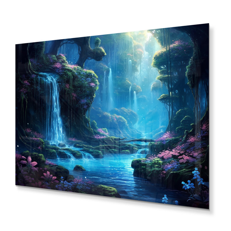 «Blue Green Calming Waterfall», reproduction de métal et de rivières sur métal, H 34 po x l 44 po