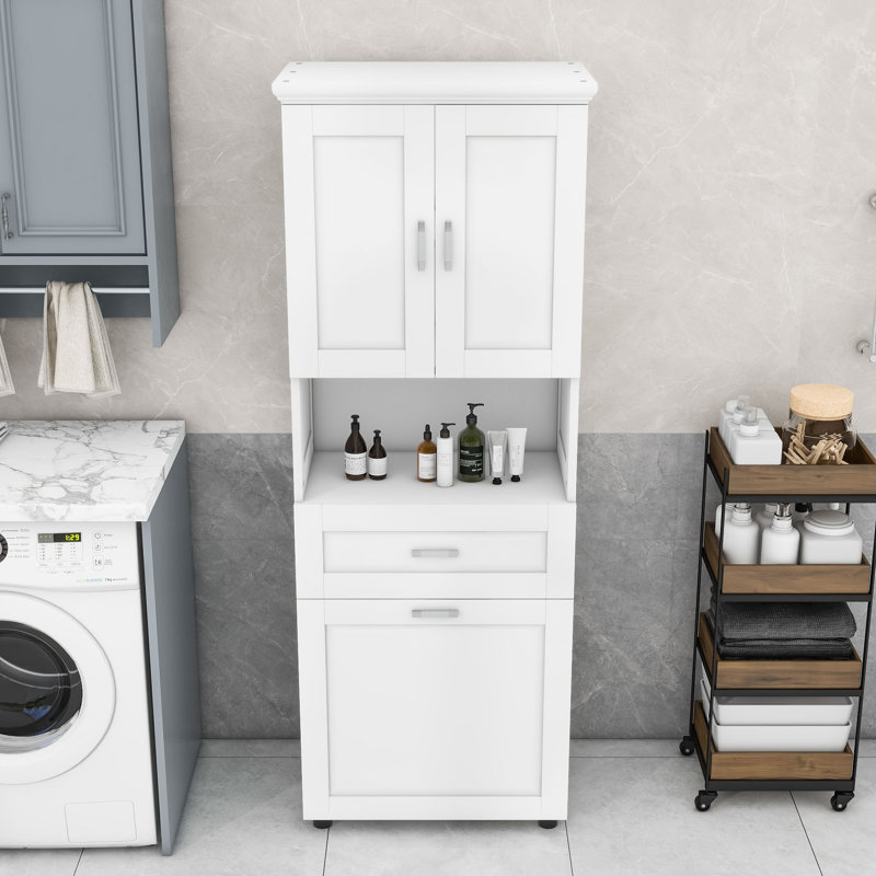 Tall Bathroom Cabinet with Integrated Laundry Basket and Adjustable Shelf, White