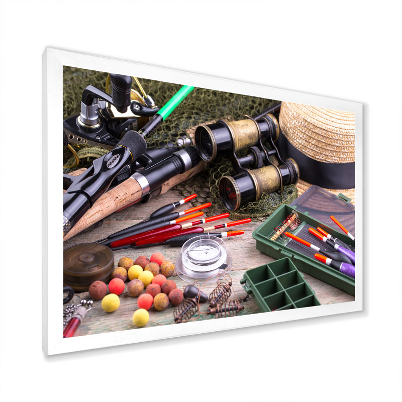 " Fishing Supplies Layout ", White Single Picture Framed, 24" H x 32" W x 1" D