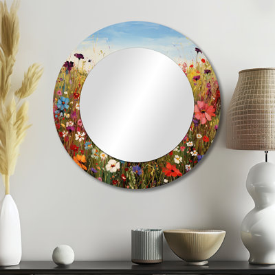 Colorful Wildflowers Meadow Blooms I - Wildflowers Mirror, Traditional Round Decorative Wall Mirror, Printed Metal Art