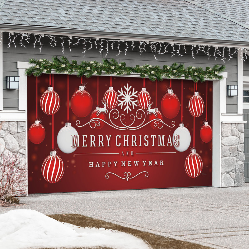 Bannière de Noël pour porte de garage double de 7 pi x 16 pi avec décorations rouges dans la neige - décorations des Fêtes pour l'extérieur