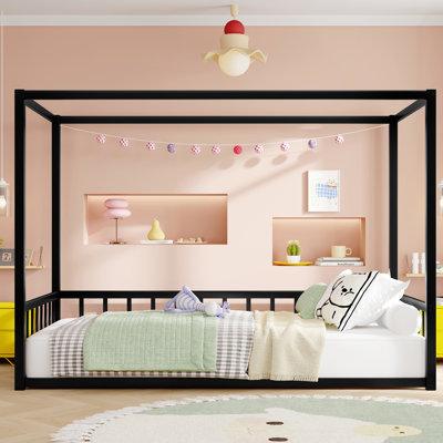 Twin Size Black Iron Bed Frame, Safe D - Shaped Tubes, Open Floor For Access Frame With Multi Sided Guardrails, Toppling Feature, Stable Bedroom Setup