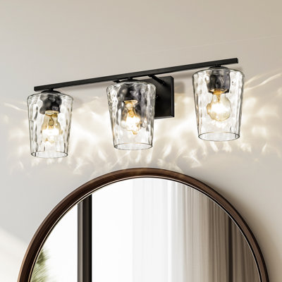 Éclairage pour meuble-lavabo 3 lumières 23 po noir mat avec abat-jour en verre martelé transparent