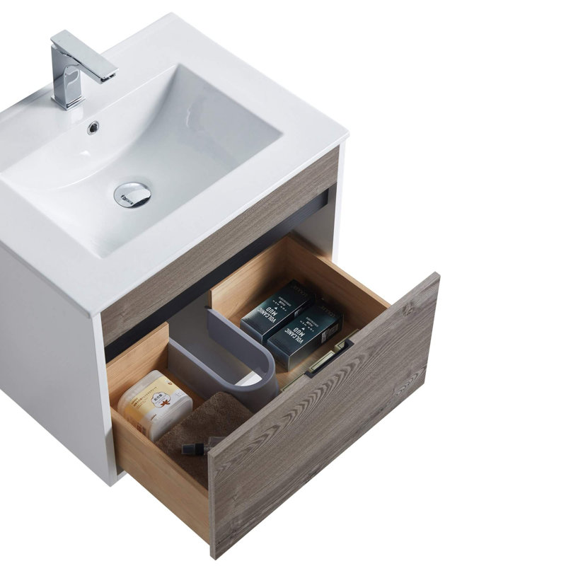 Ensemble de meuble-lavabo mural simple 24 po Kynlyn, Noyer gris