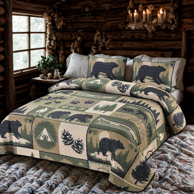 Cotton Rustic Quilted Bedspread Queen Size Nature Icons Design – 3-Piece Set with Quilt and 2 Pillow Shams