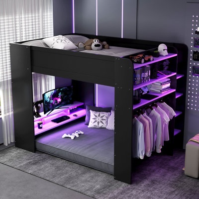 Lit superposé en bois (taille standard) avec bureau réglable en hauteur, armoire, rangement et éclairage RVB, violet
